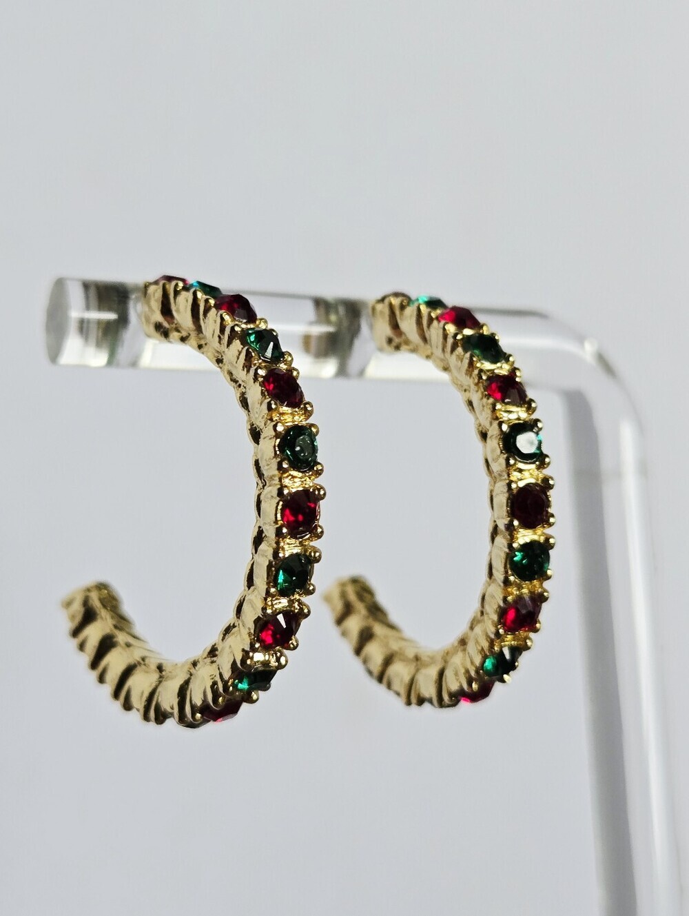 Vintage Gold Tone Hoop Earrings with Red and Green Stones - Picture 14 of 16